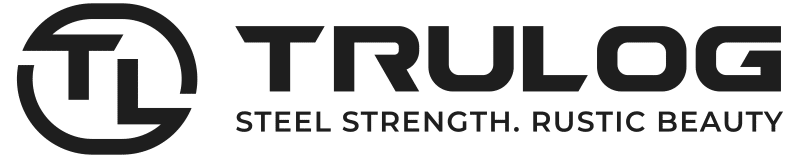 TRULOG logo with “STEEL STRENGTH. RUSTIC BEAUTY” tagline in black and gray