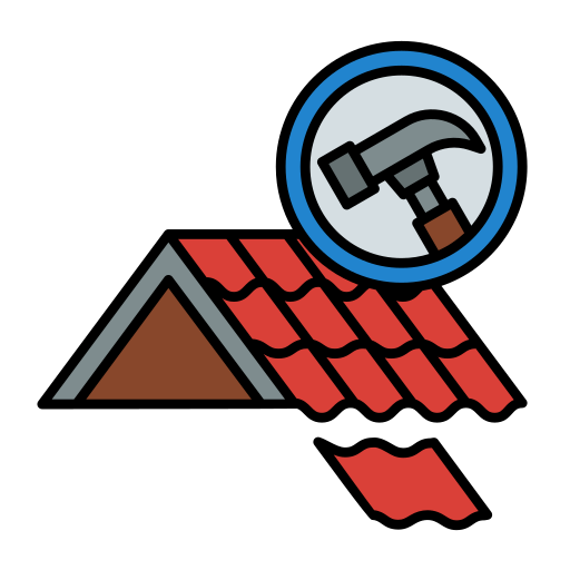 Roof repair illustration, a roof with a hammer icon and a detached tile.