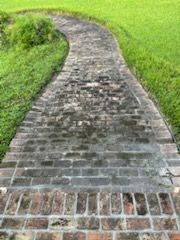 Brick pathway curving through grassy lawn.