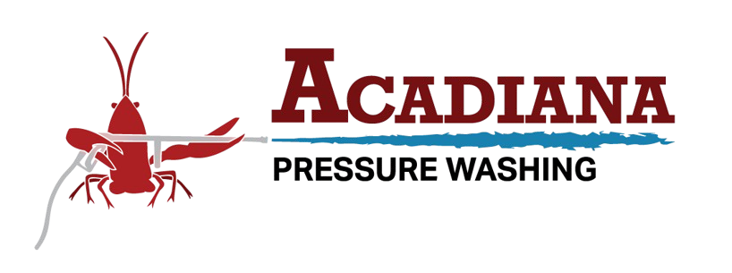 Logo for Acadiana Pressure Washing: Red crawfish with pressure washer nozzle, and text.