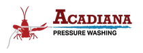 Logo for Acadiana Pressure Washing: Red crawfish with pressure washer nozzle, and text.