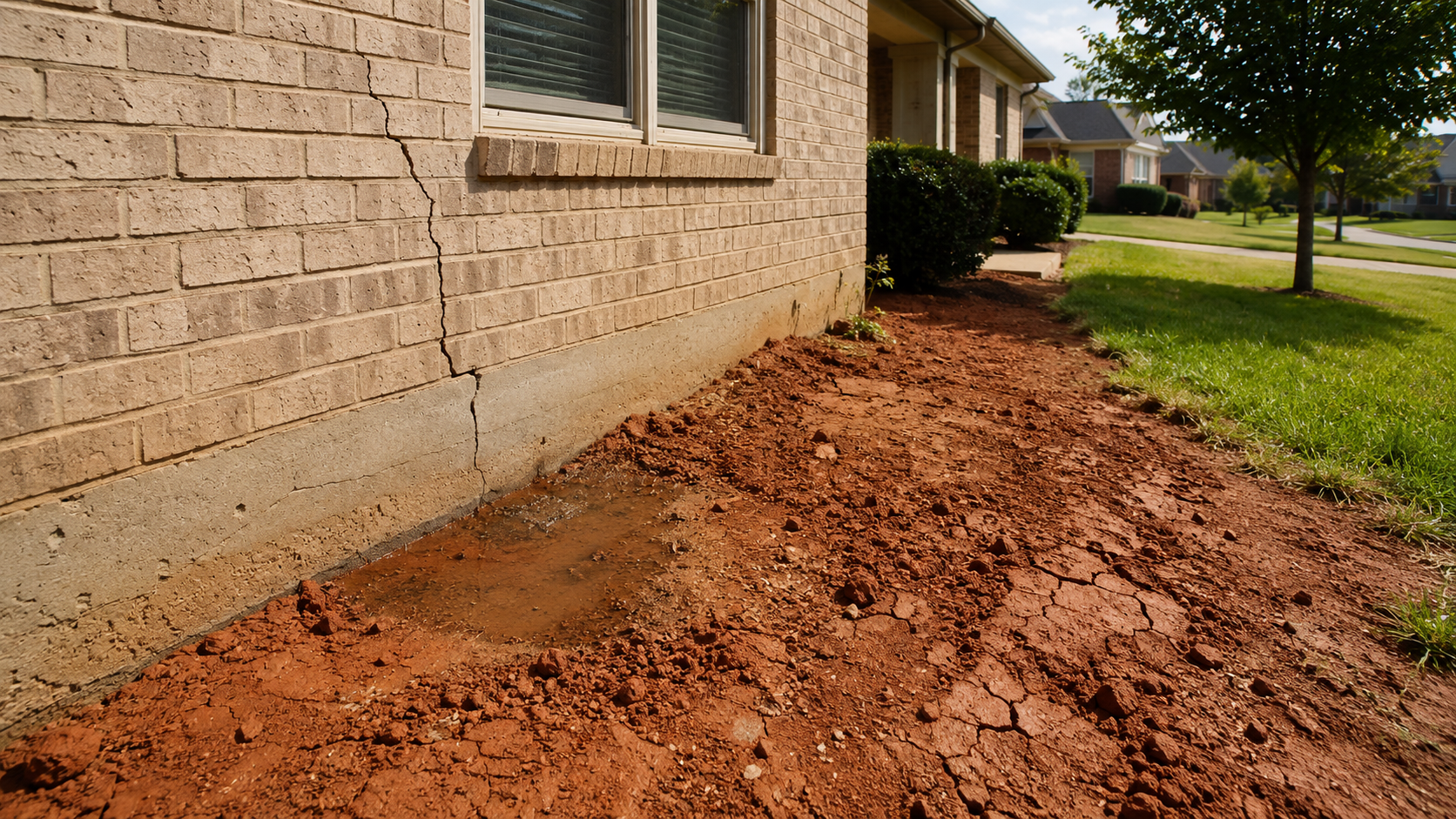 Fresh red dirt piled along a stone house foundation beside a grassy yard and trees