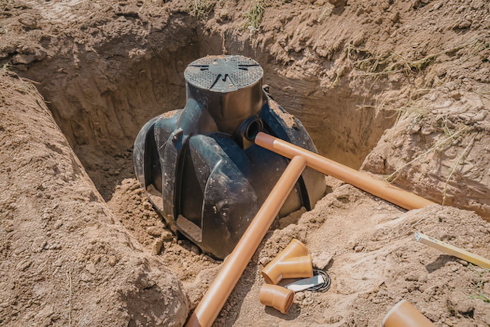 A black plastic septic tank is partially buried in an excavated dirt pit with orange PVC plumbing pipes nearby.