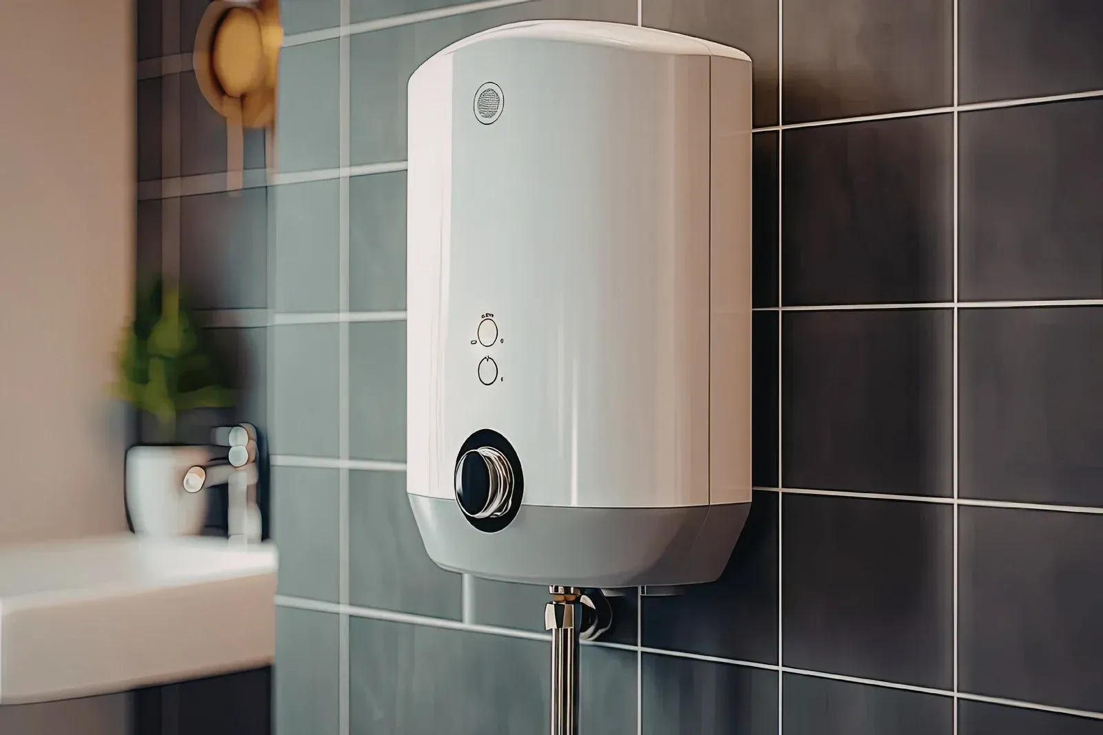 White wall-mounted water heater in a tiled bathroom, with a sink visible beside it.