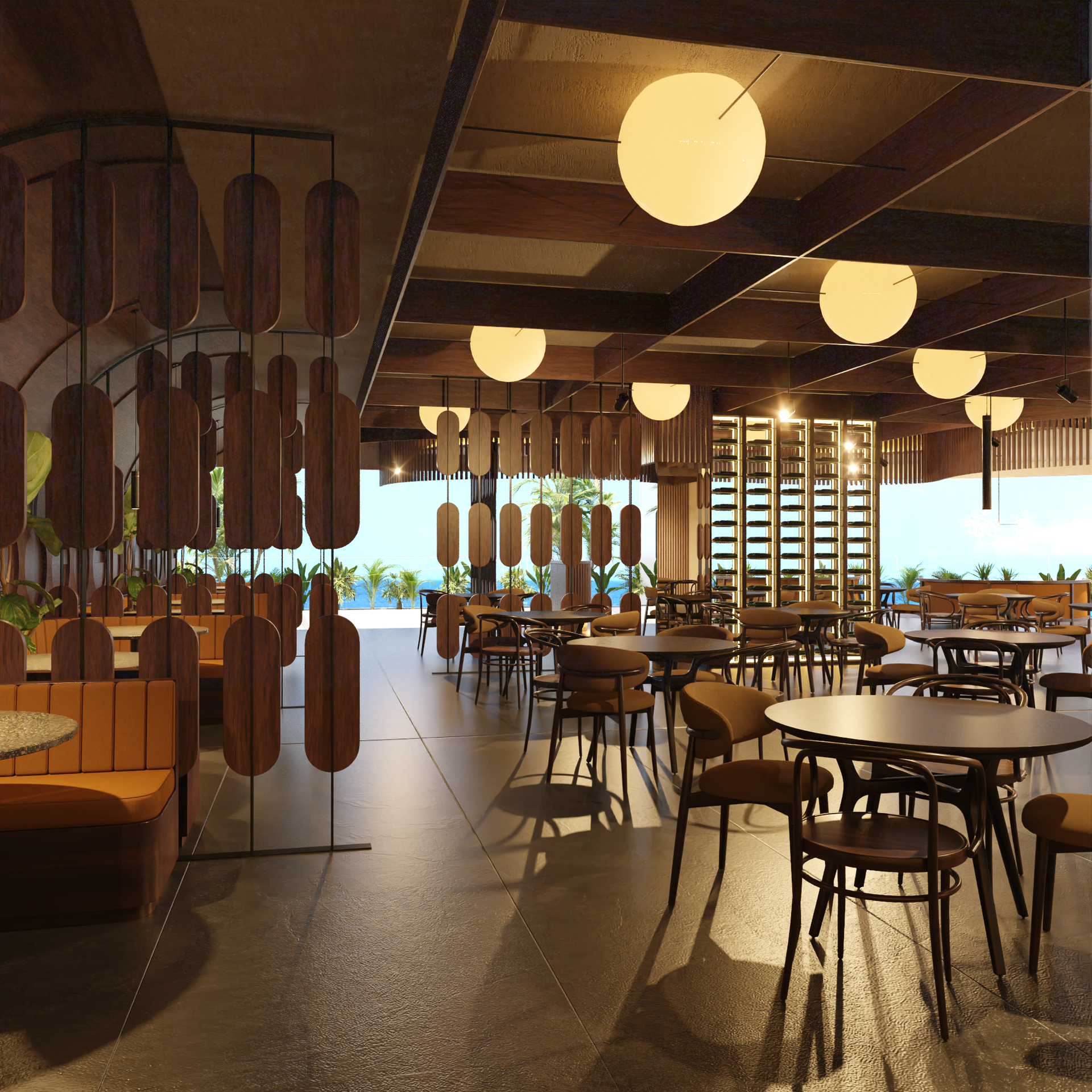 Restaurant interior with round tables, chairs, and globe lights, brown and beige tones, with a waterfront view.