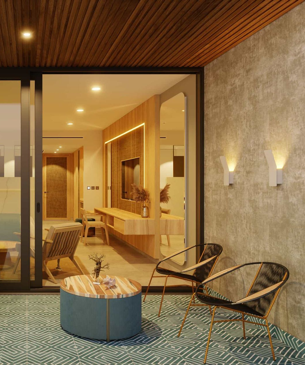 Patio with two chairs, a table, and a view into a modern room with wooden accents and a TV.