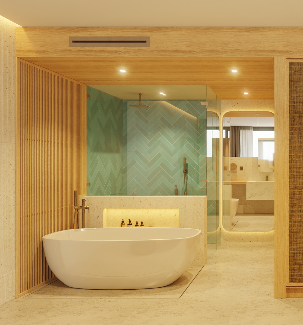 Modern bathroom with a white tub, green-tiled shower, and light wood accents.
