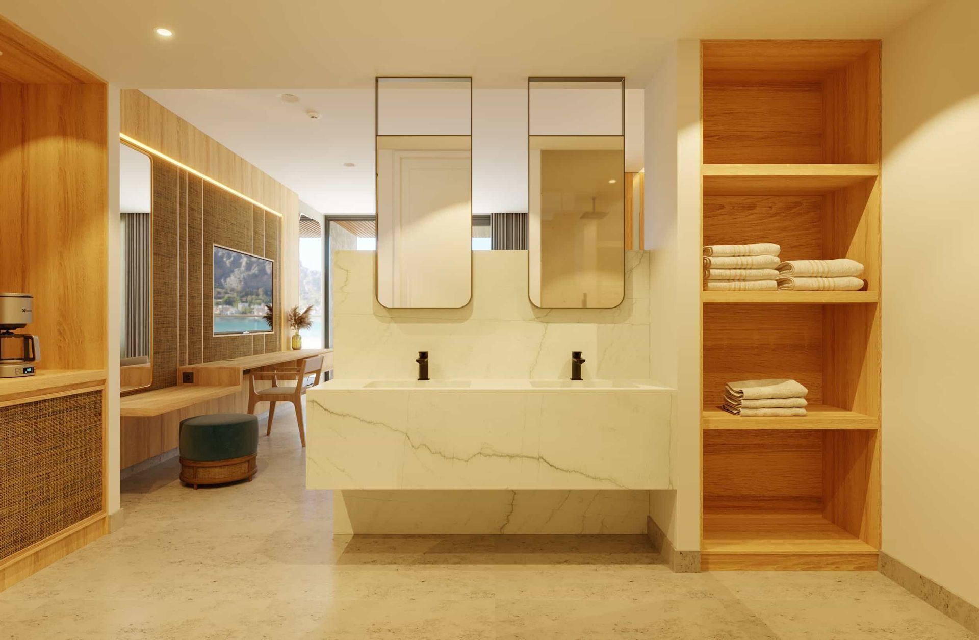 Bathroom with a double vanity, mirrors, and wooden shelves with folded towels. Neutral tones.