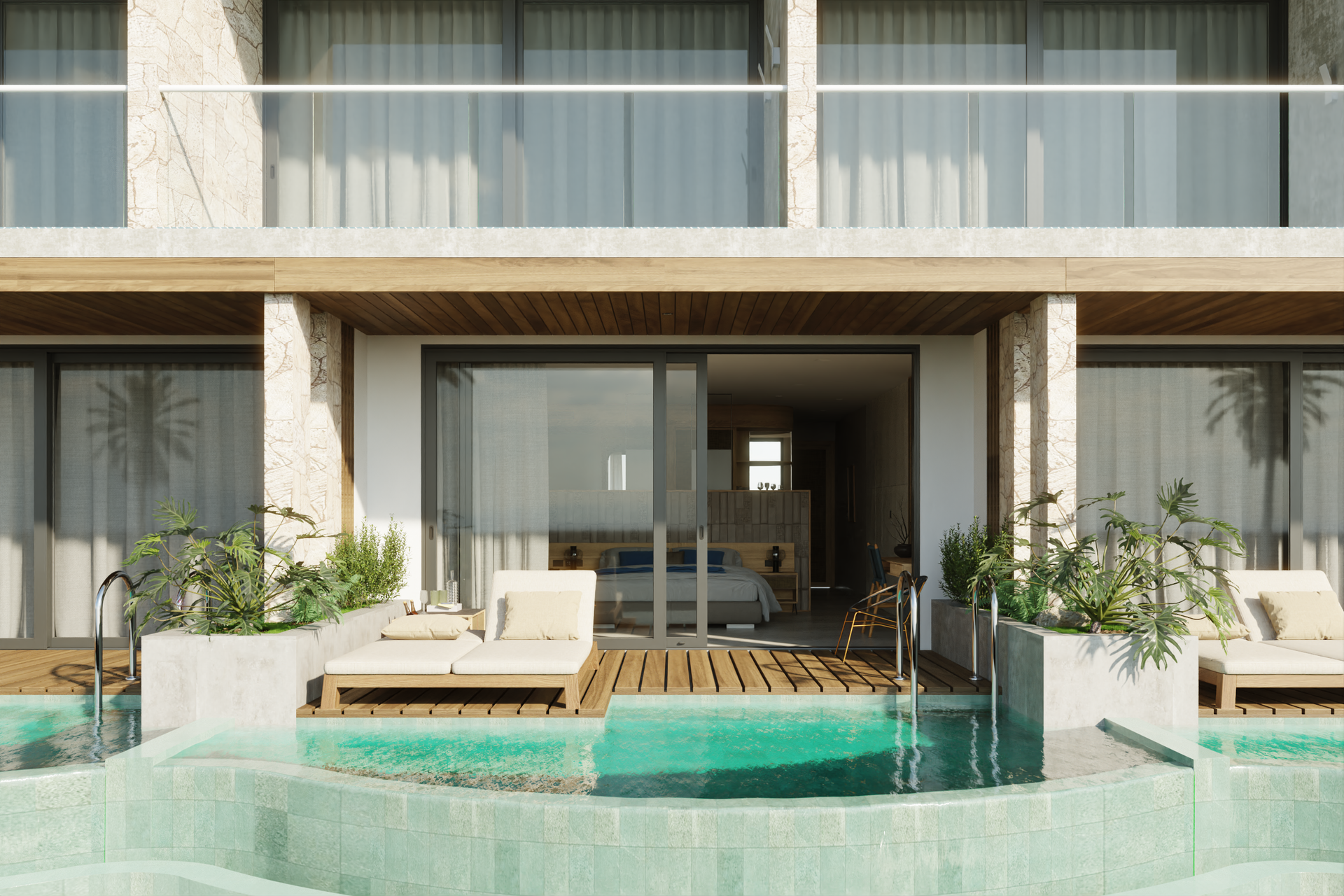 Hotel suite with pool access, light wood and stone facade, two lounge chairs, turquoise water.