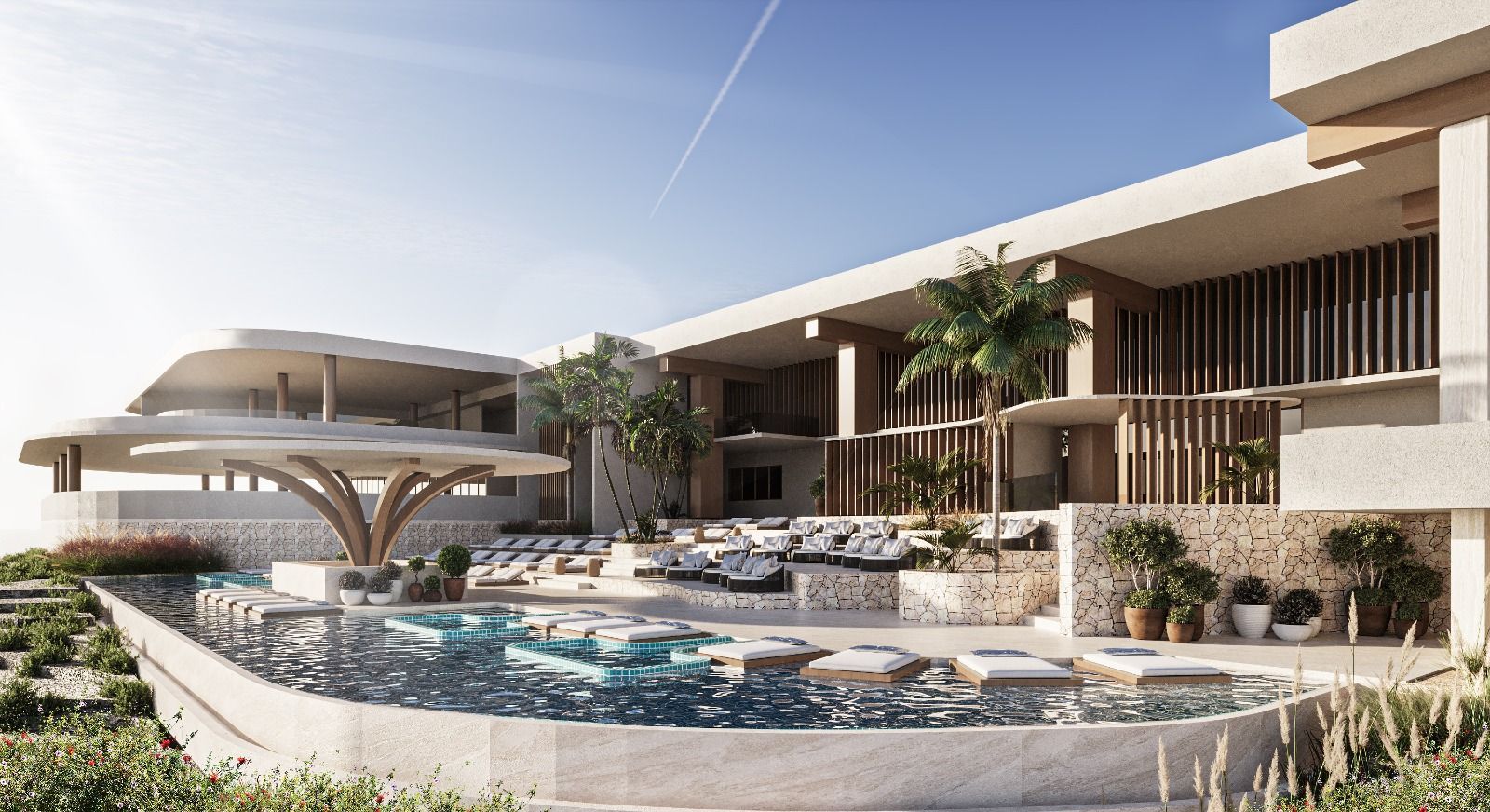 Luxe resort met zwembad en ligbedden, in een zonnige buitenomgeving met moderne architectuur.