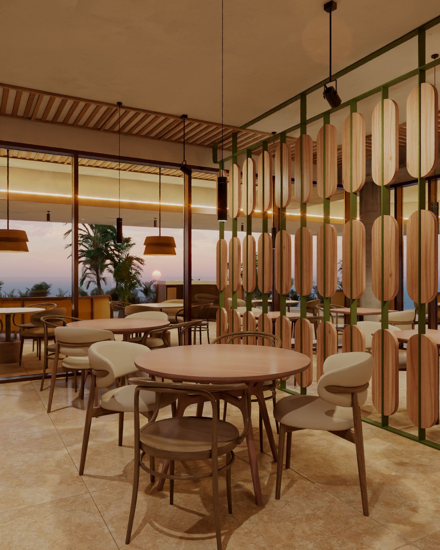 Restaurantinterieur met ronde tafels, stoelen en decoratieve houten panelen. Grote ramen bieden uitzicht naar buiten.
