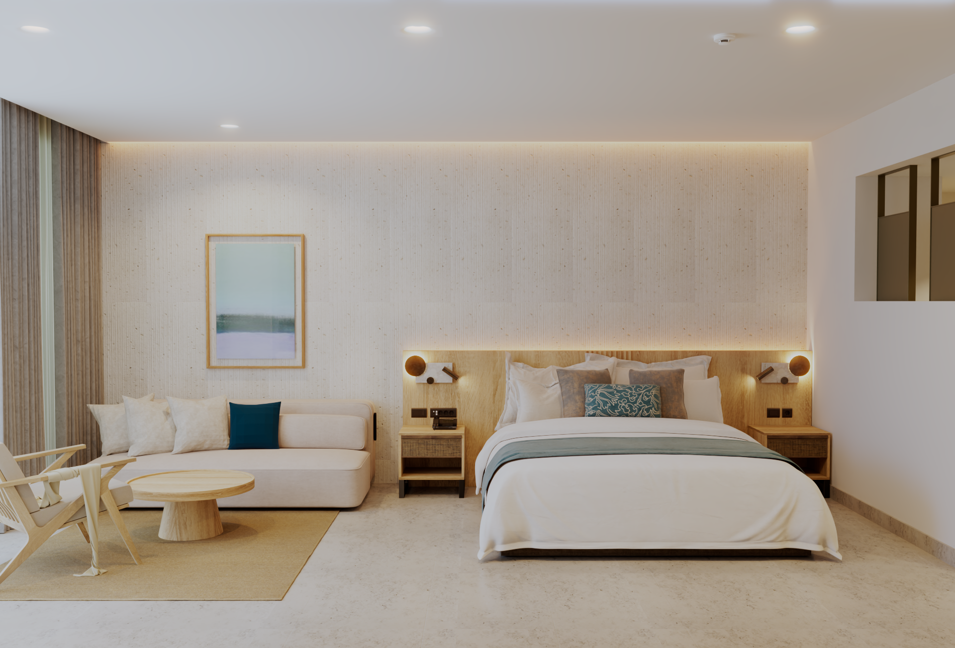 Modern hotel room with neutral tones, featuring a bed, sofa, and artwork.