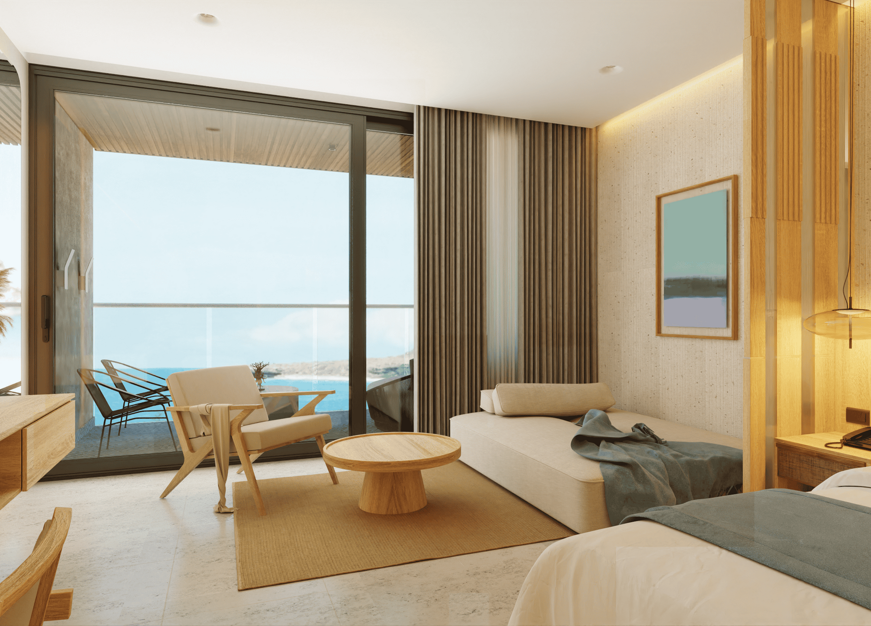 Modern hotel room with ocean view; light wood furniture, tan sofa, sliding glass doors.