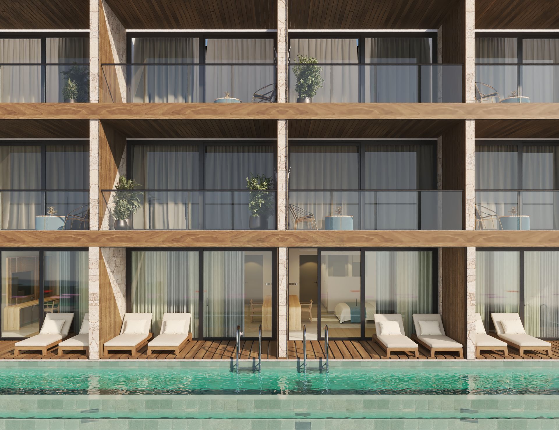 Poolside scene with rolled blue towels, a chair, and open doors.
