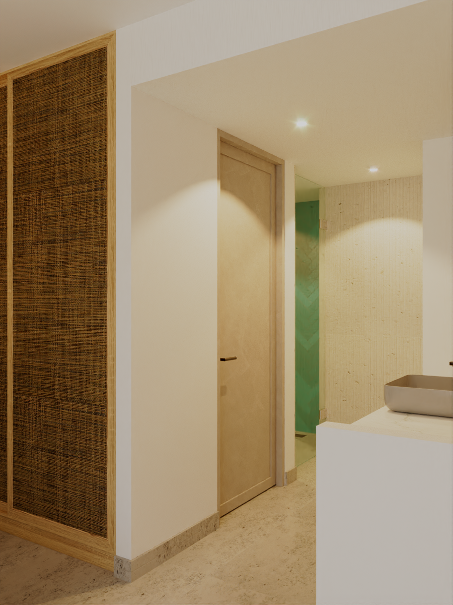 Hallway with a door and textured wall paneling, light colors and recessed lighting.
