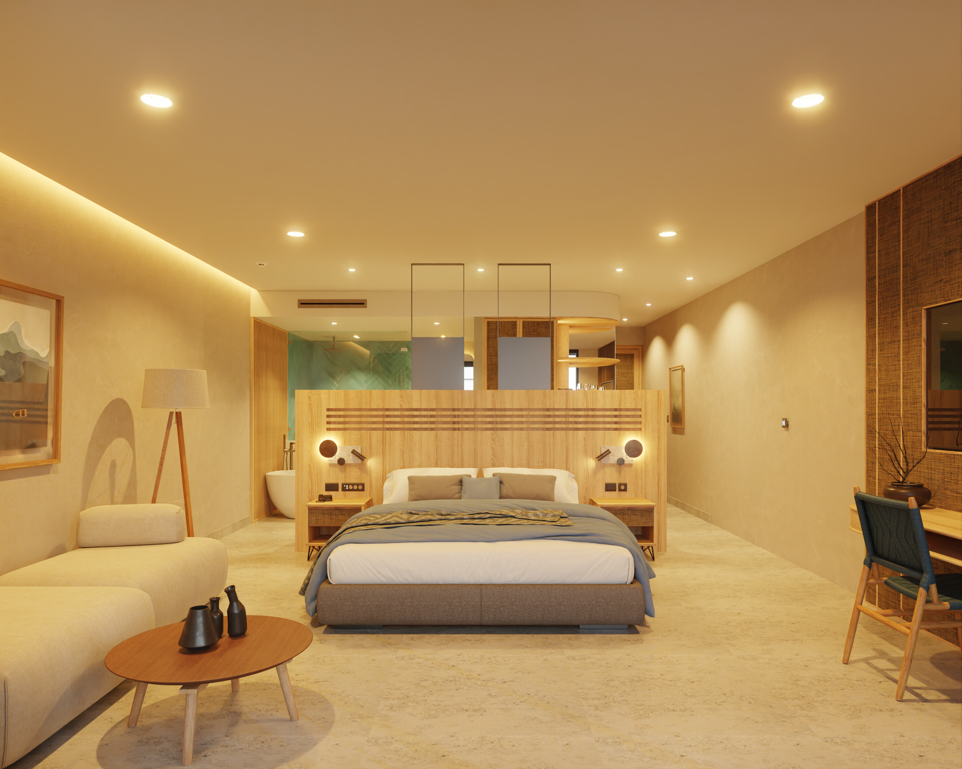 Spacious hotel room with a king-sized bed, seating area, and desk. Warm tones, light wood accents, and modern design.