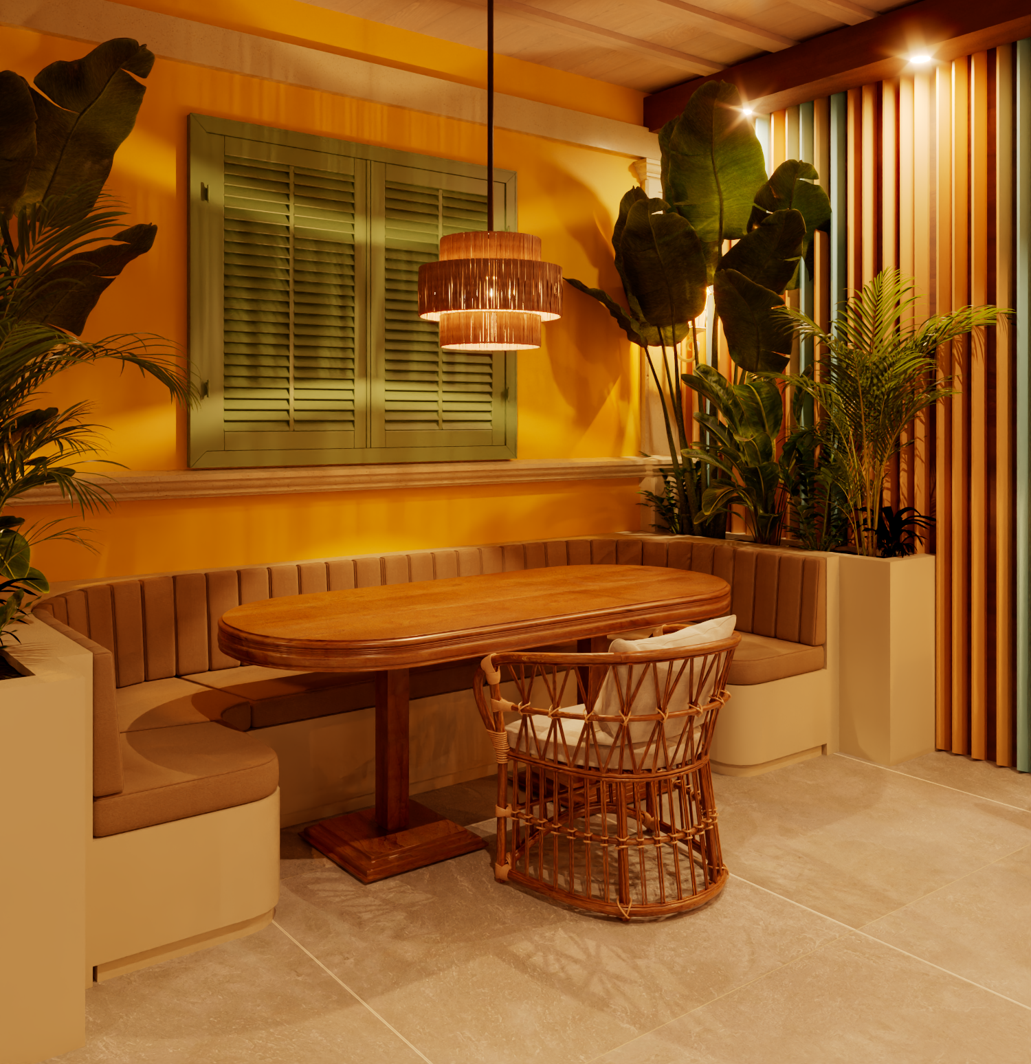 Outdoor dining area with curved booth seating, wooden table, rattan chair, and lush plants.