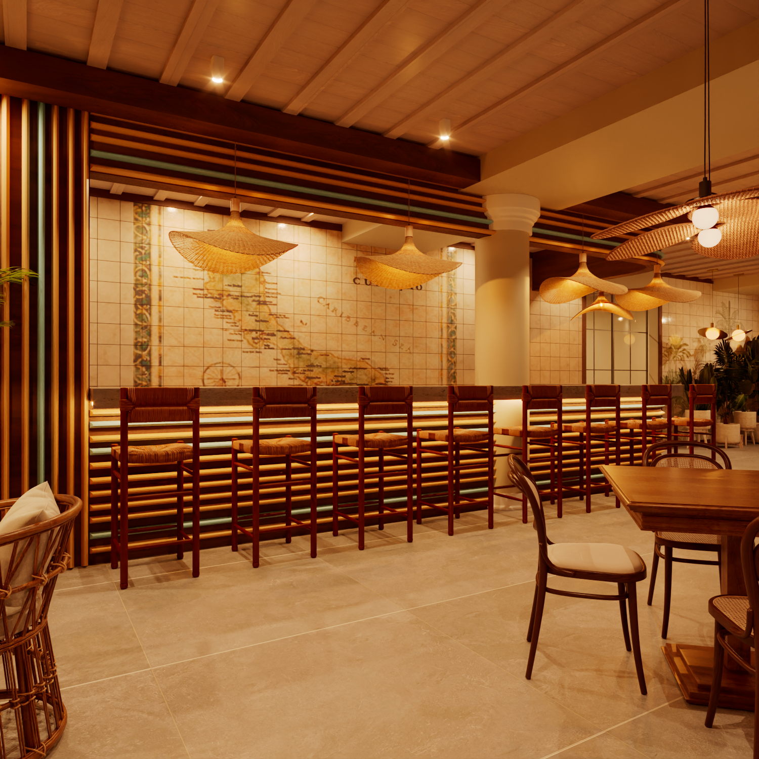 Bar in a warm-toned restaurant with wooden chairs, barstools, and ambient lighting.