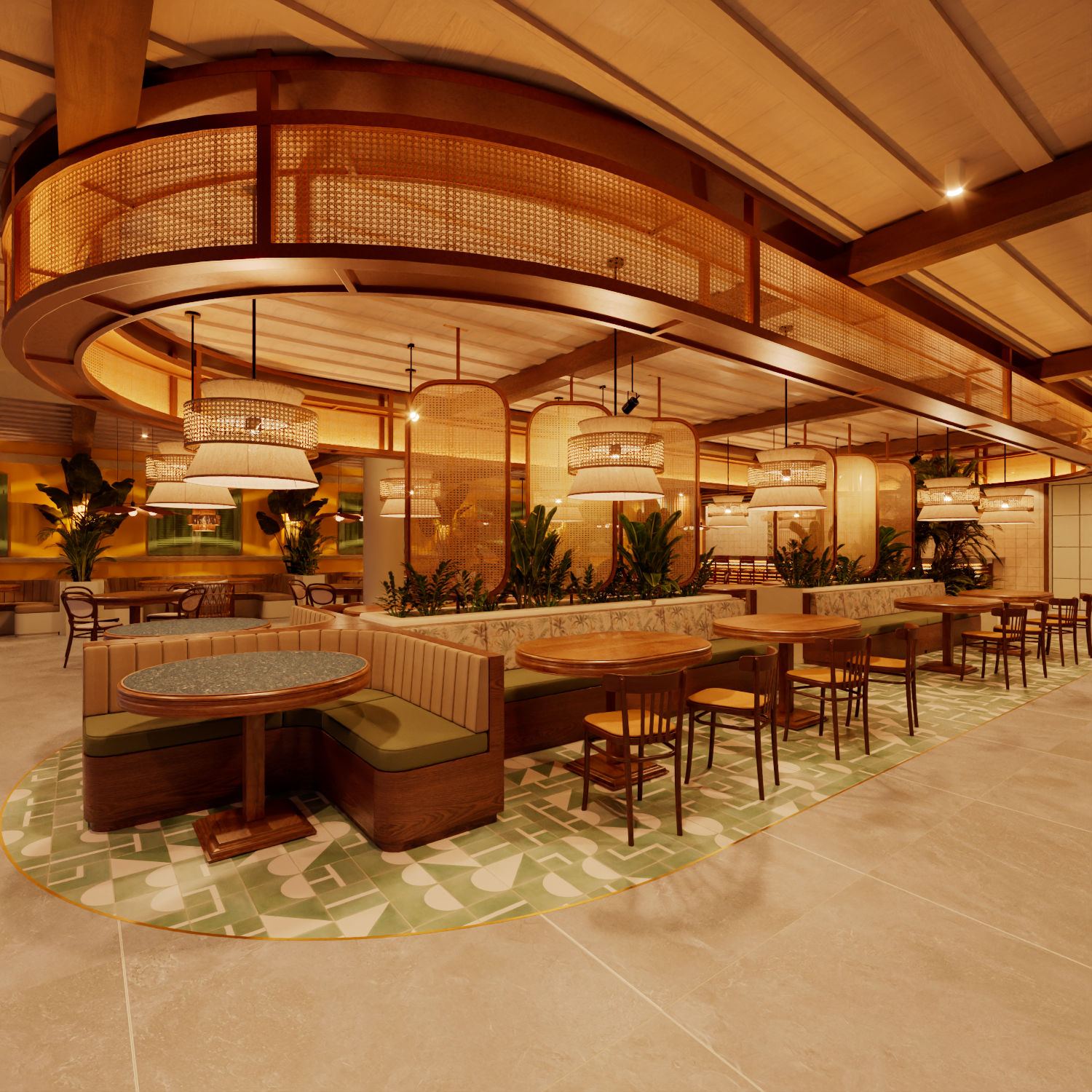 Restaurant interior with booths, tables, and chairs. Warm lighting, plants, and a circular overhead design.