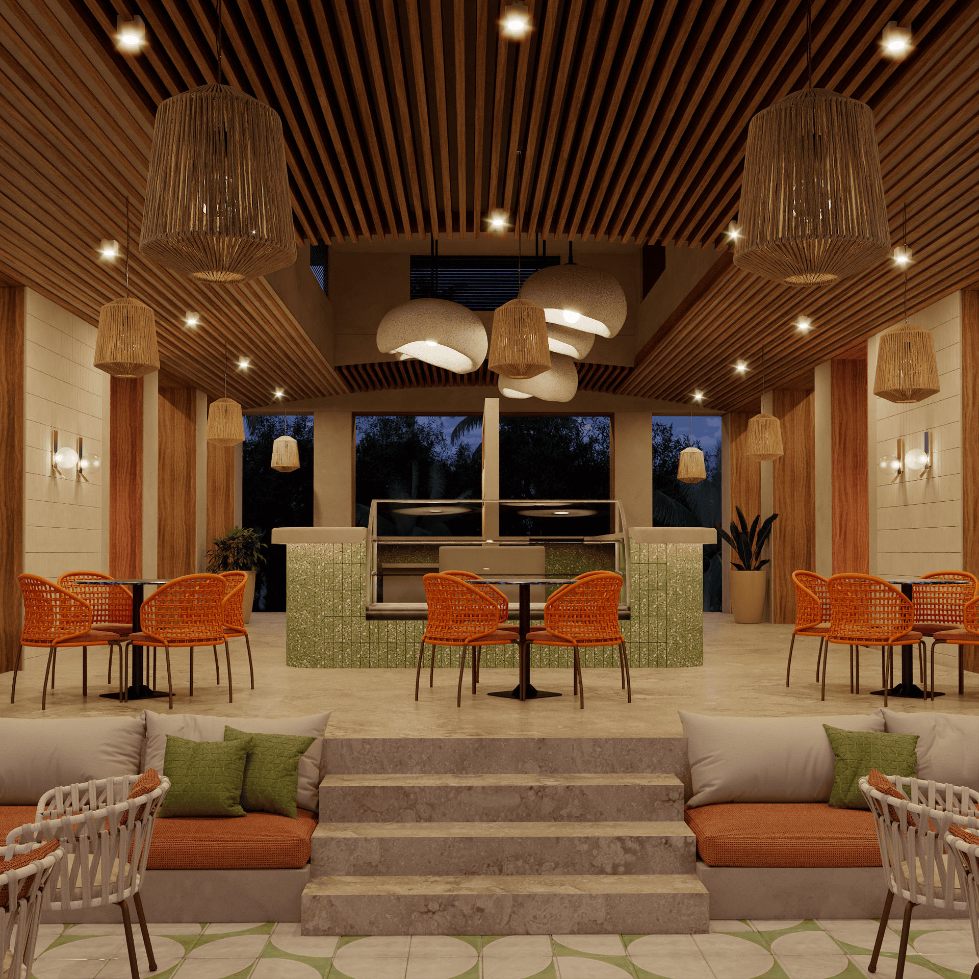 Restaurant interior with orange seating, neutral tones, and pendant lights.