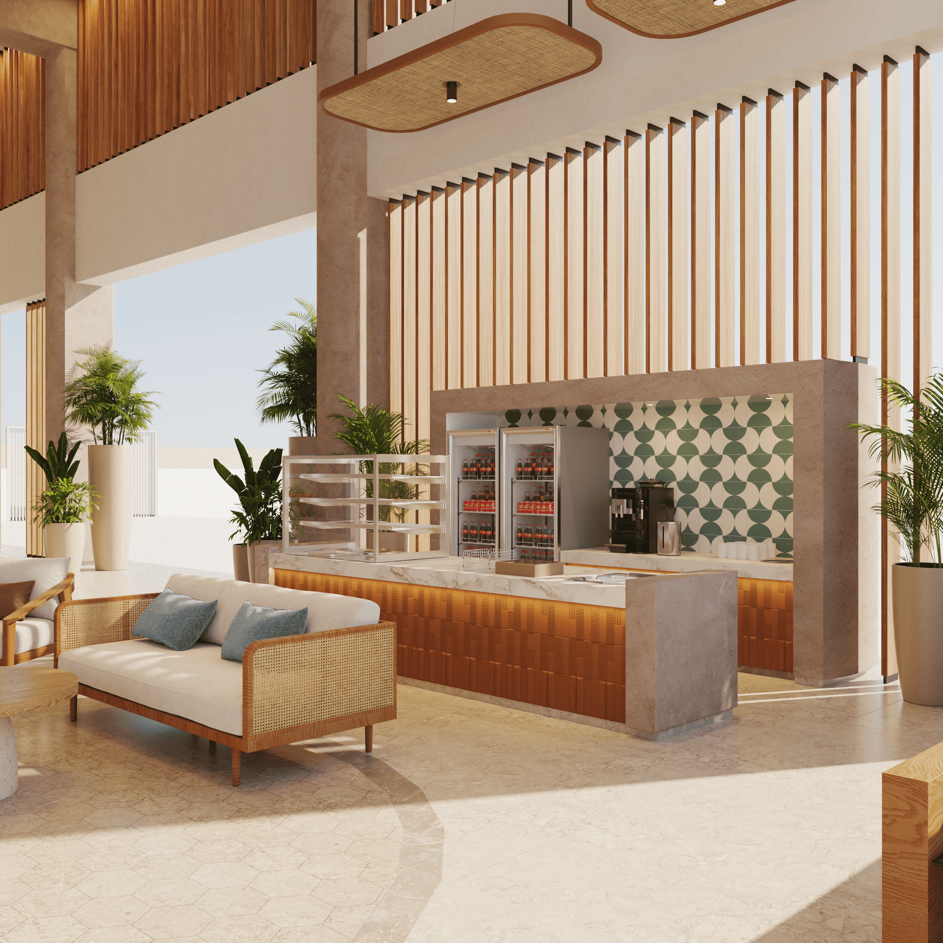 A modern cafe interior with a counter, seating, plants, and large windows.