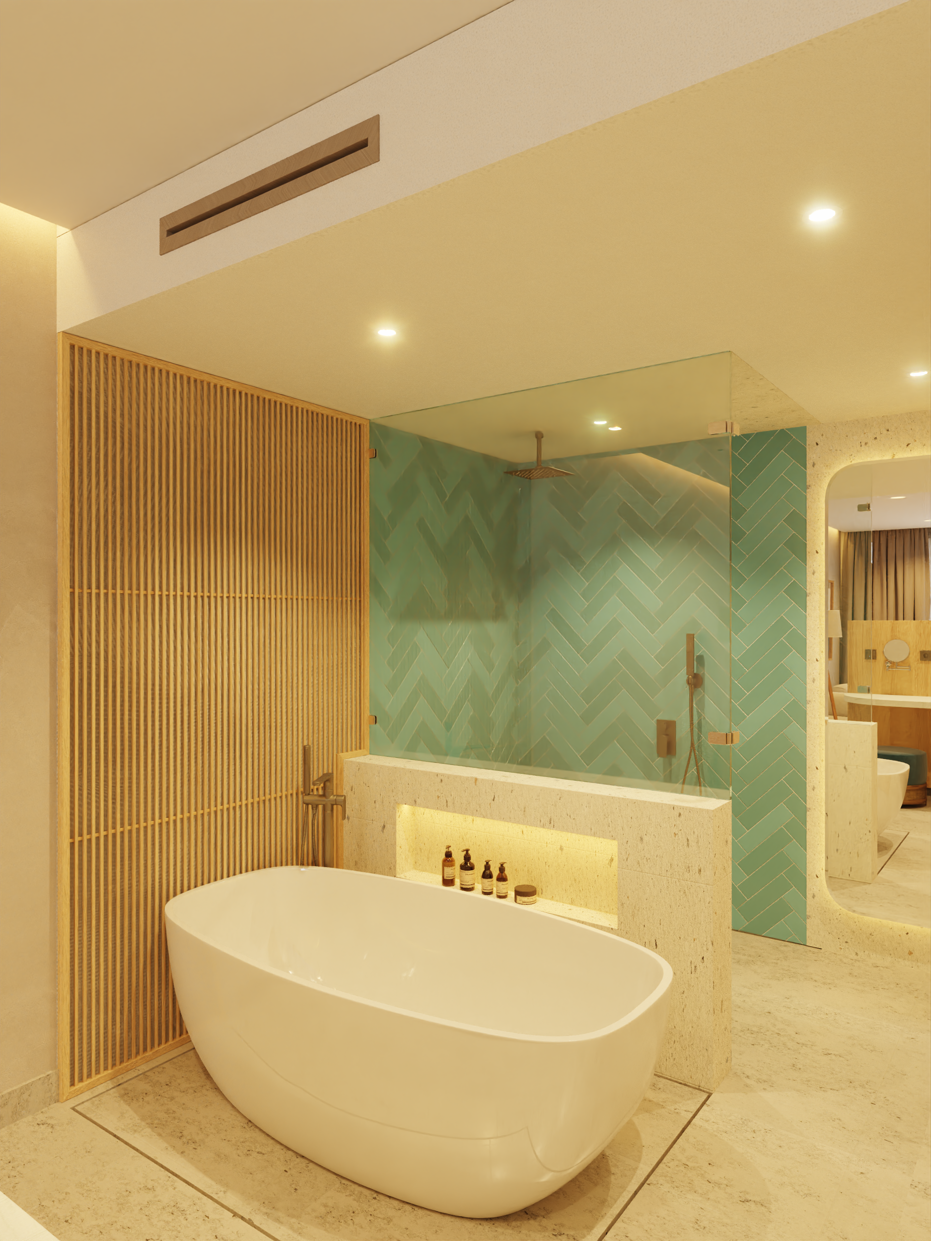 Modern bathroom with a white oval bathtub, turquoise shower tiles, and wooden paneling.