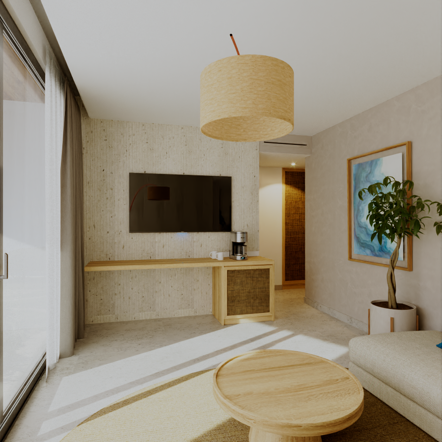 Living room with TV, coffee table, art, and a potted plant; neutral colors, natural light.