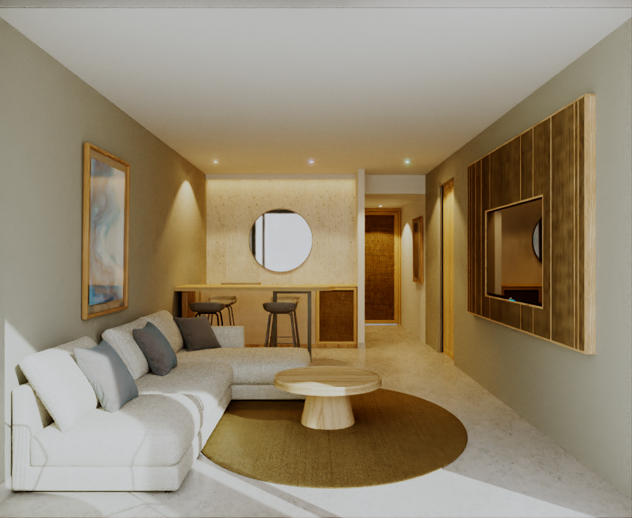 Modern living room with white sofa, round coffee table, and a TV on a wood-paneled wall.