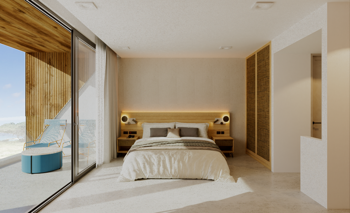 Modern bedroom with sliding glass door, bed, and wooden accents.