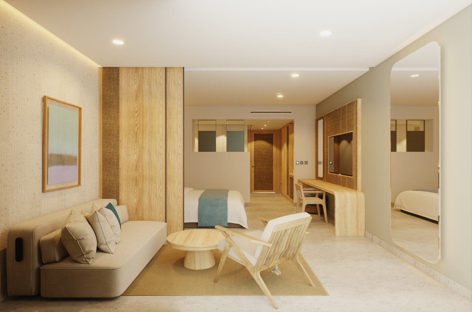 Hotel room interior with beige sofa, wooden accents, and a large mirror.