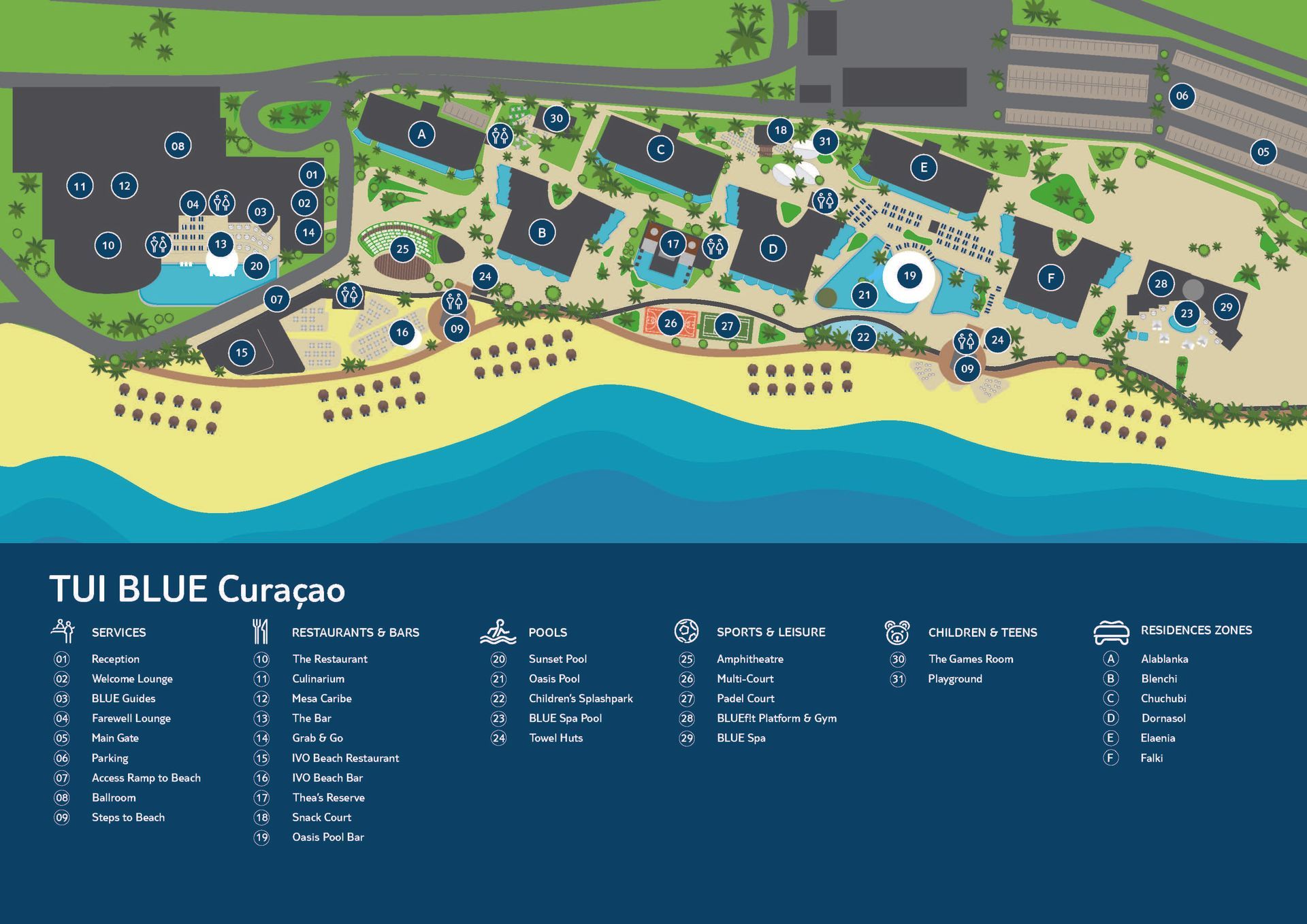 Map of Curaçao with road routes and hotel location marker.