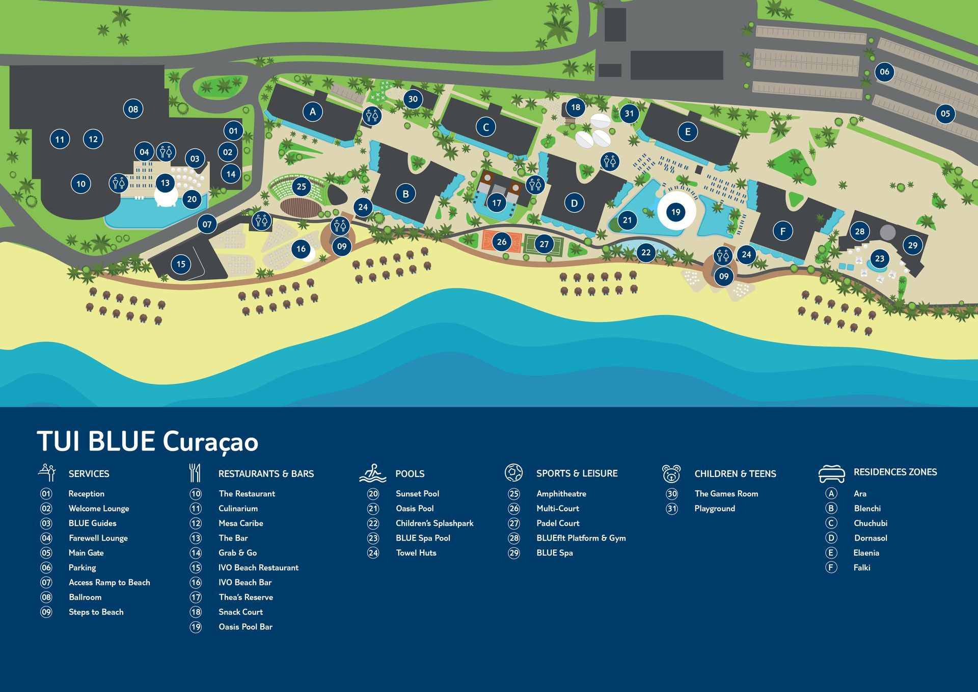 Map of Curaçao with road routes and hotel location marker.