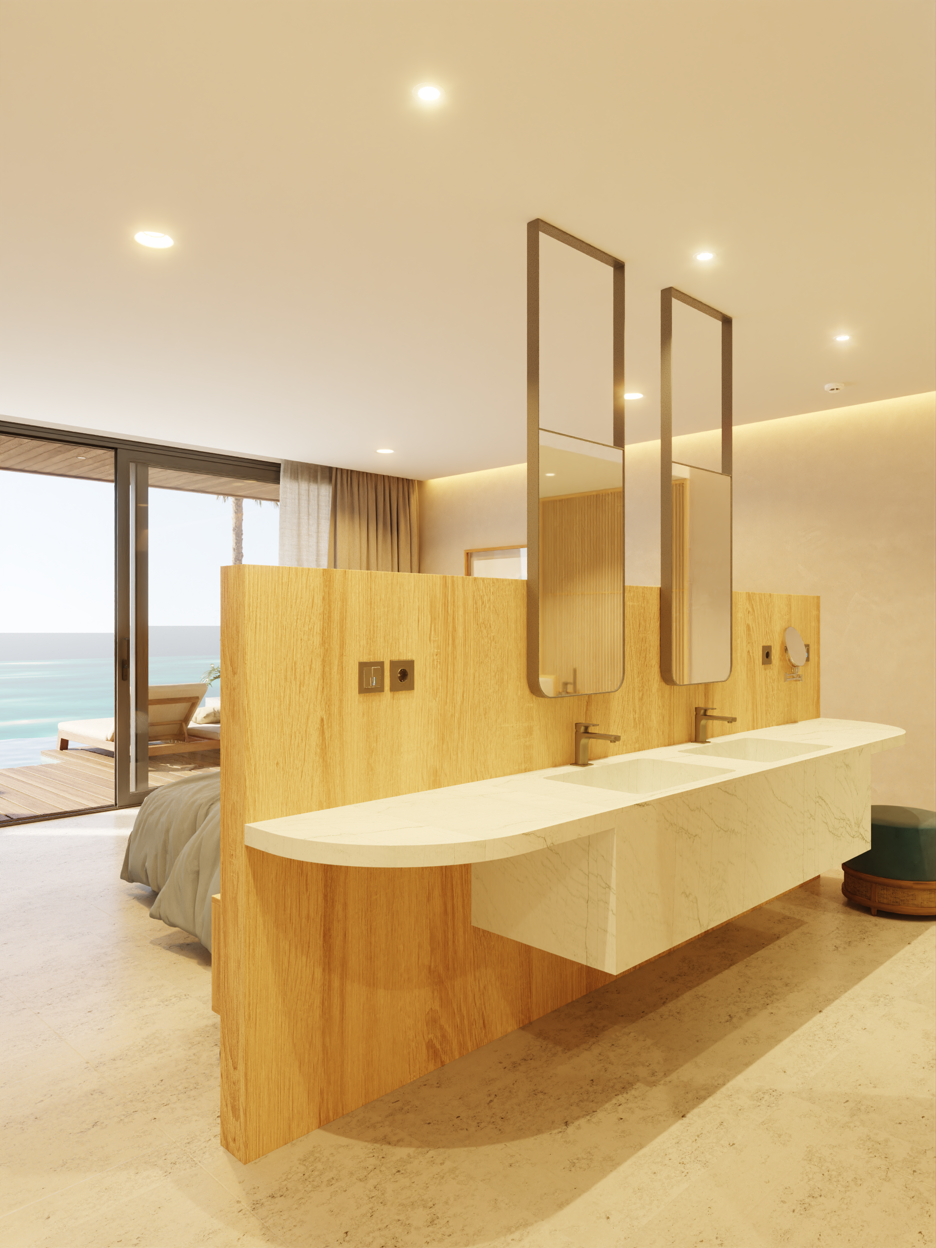 A modern bathroom with a long sink and two mirrors, ocean view through a large window.