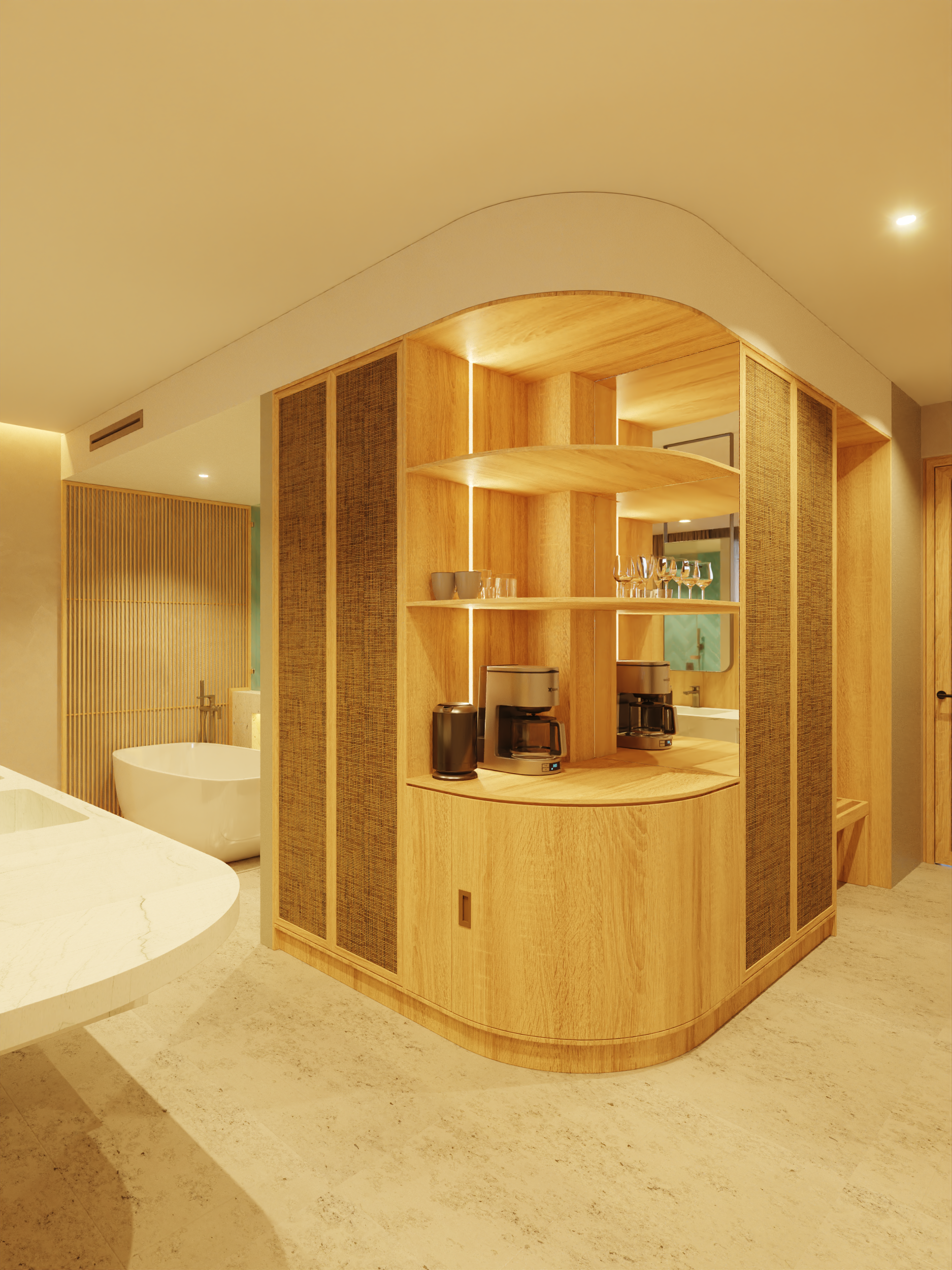 Wooden pantry with shelves holding coffee maker and supplies; bathroom with bathtub in the background.