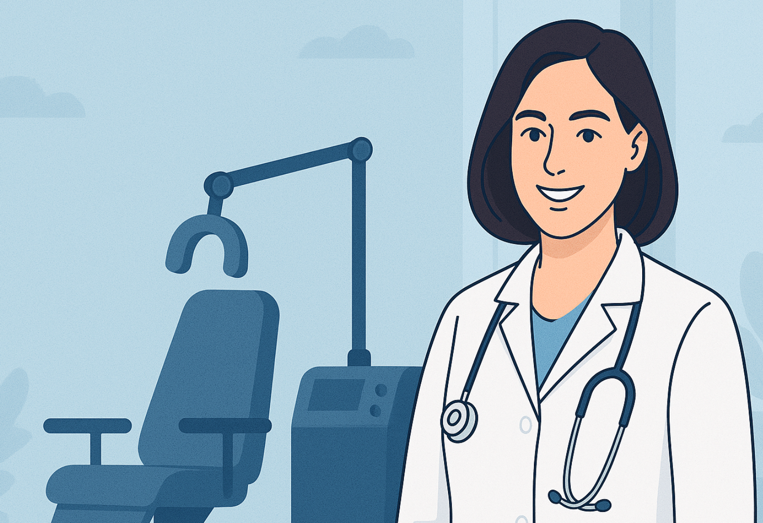 A female doctor with a stethoscope around her neck is standing in front of a TMS chair.