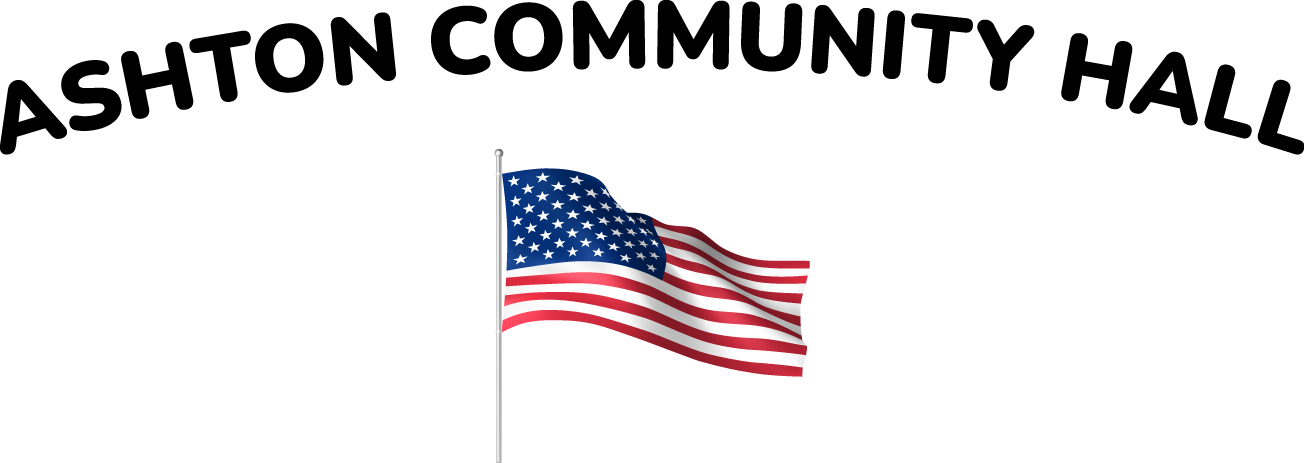 Ashton Community Hall sign with a waving U.S. flag on a white background