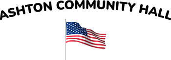 Ashton Community Hall sign with a waving U.S. flag on a white background