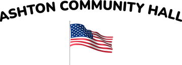 Ashton Community Hall sign with a waving U.S. flag on a white background