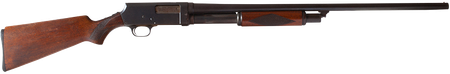Side-view of a wooden hunting rifle with a long black barrel on a white background