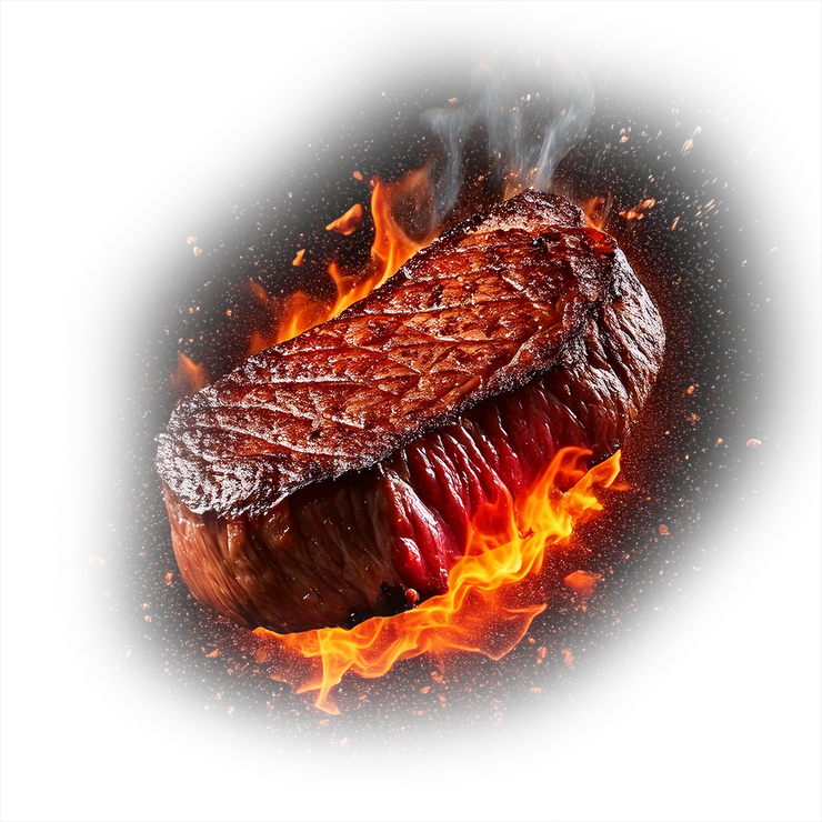 Grilled steak with charred crust, surrounded by flames and sparks on a white background