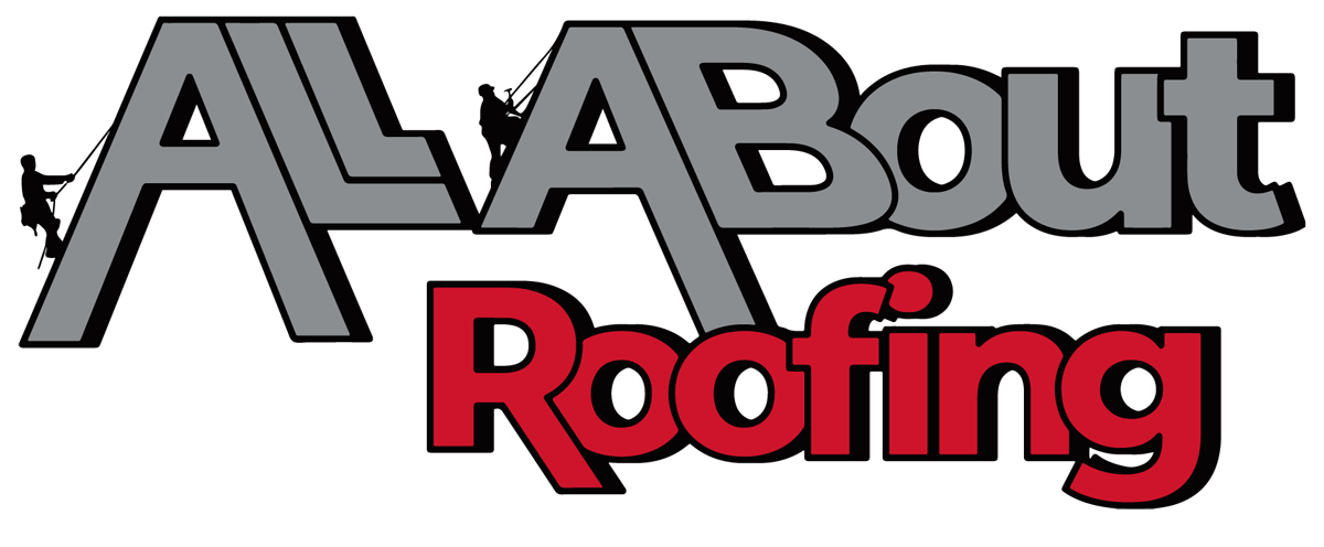 A-About Roofing logo in gray and red text