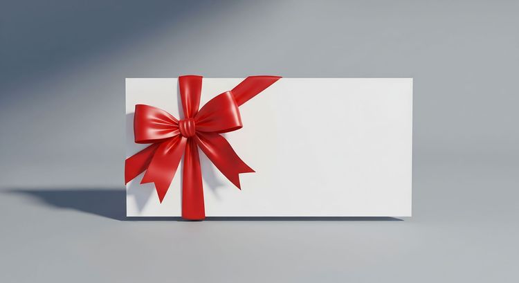White gift box with a red ribbon and bow on a gray surface