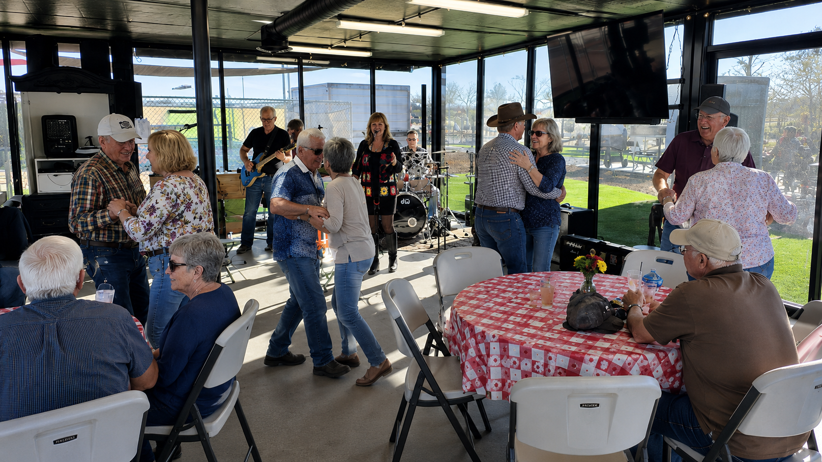 People socializing around tables in a bright covered outdoor pavilion, with red checkered tablecloths.