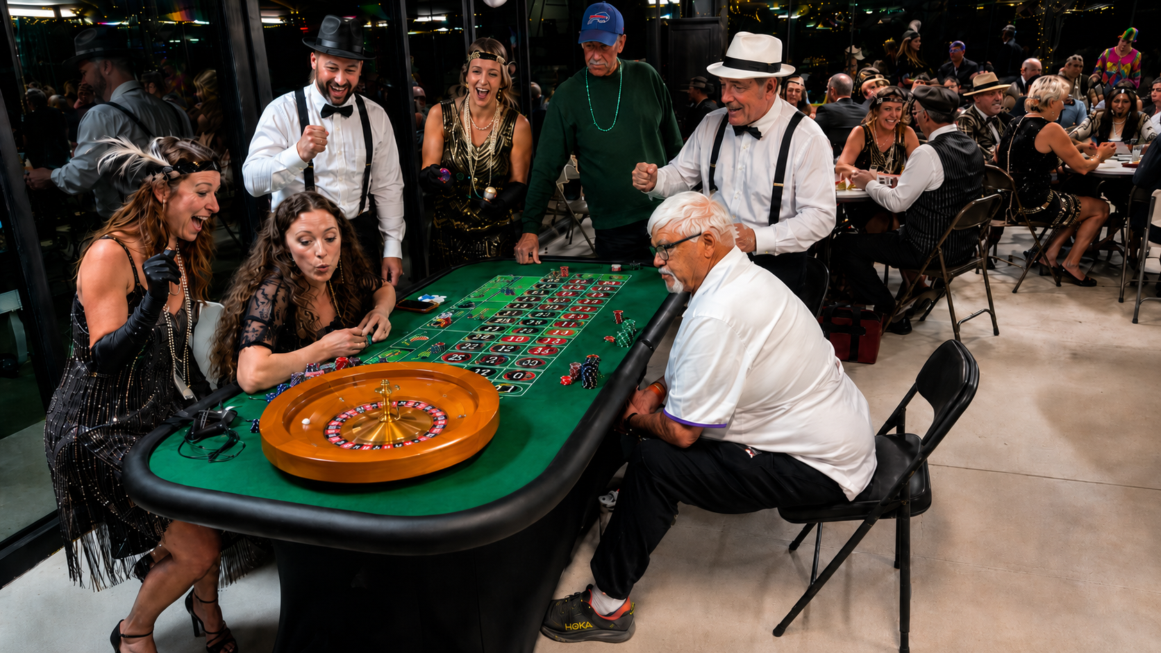 Casino craps table with players and dealers gathered around a green felt layout and orange tray in a busy room