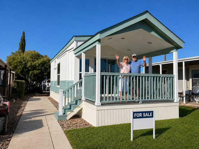People standing on a porch of a white house with teal trim and a “For Sale” sign in front