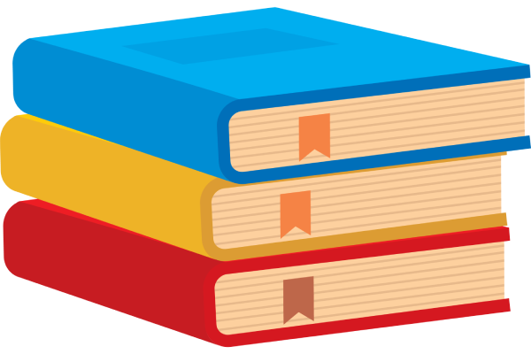 Stack of three colorful books, blue, yellow, and red, with bookmarks visible on the page edges