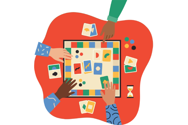 Hands arranging colorful cards around a board on a red background