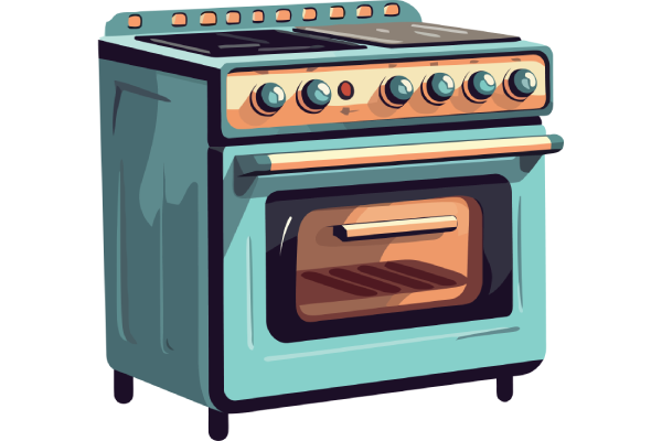 Retro teal oven with orange control panel and glass-front door