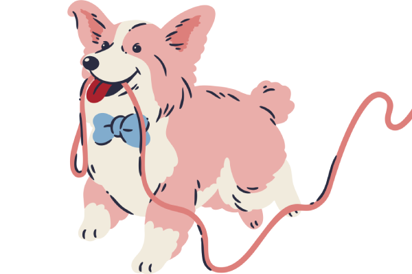 Pink dog with a blue bowtie and red leash, winking and standing on a white background