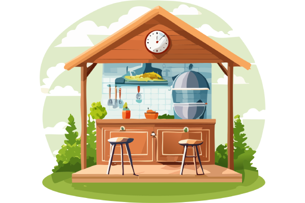 Outdoor bar kitchen with stools, hanging lights, and a clock under a wooden roof
